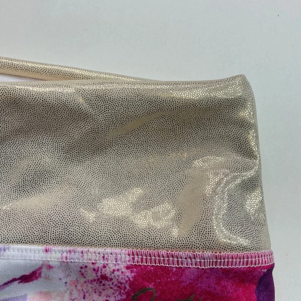 Justice Multi Pink Floral Leggings Kids Size L 12/14 Gold Metallic Waistband